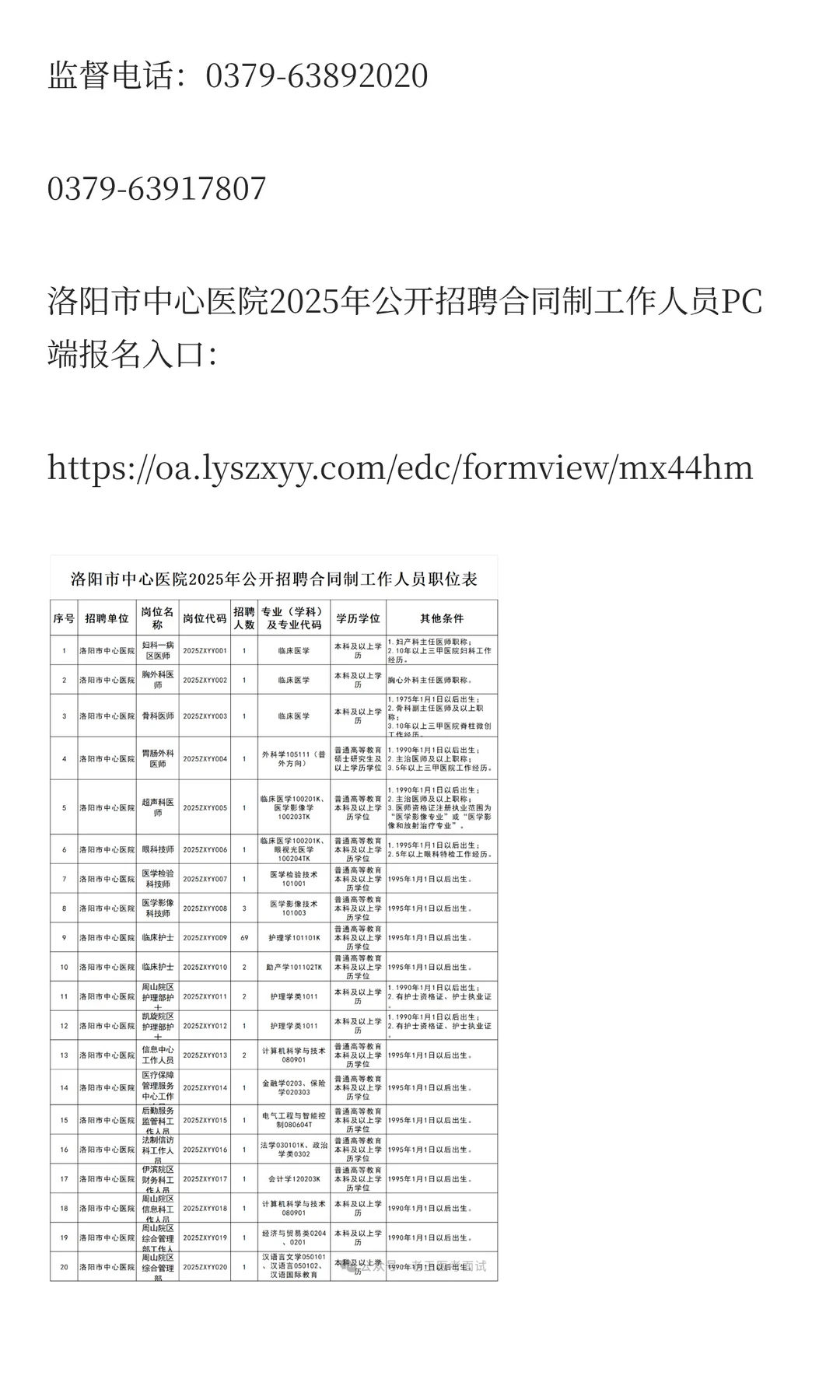 洛阳市中心医院2025年公开招聘合同制工作人