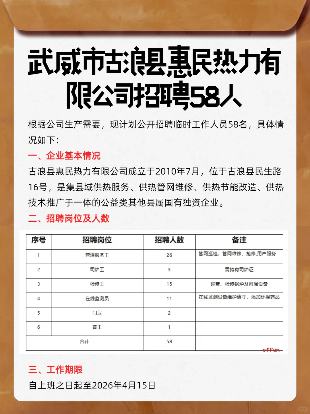 武威市古浪县惠民热力有限公司招聘58人