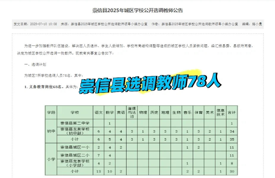 崇信县选调教师78人