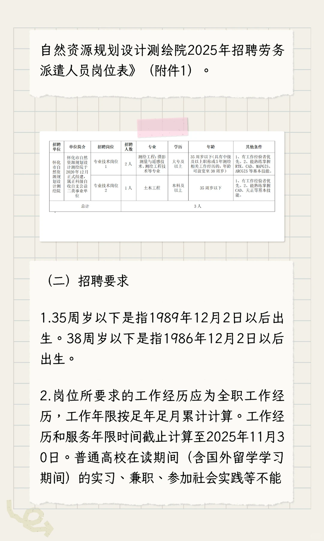 湖南某市资规局测绘单位招聘大专以上3人