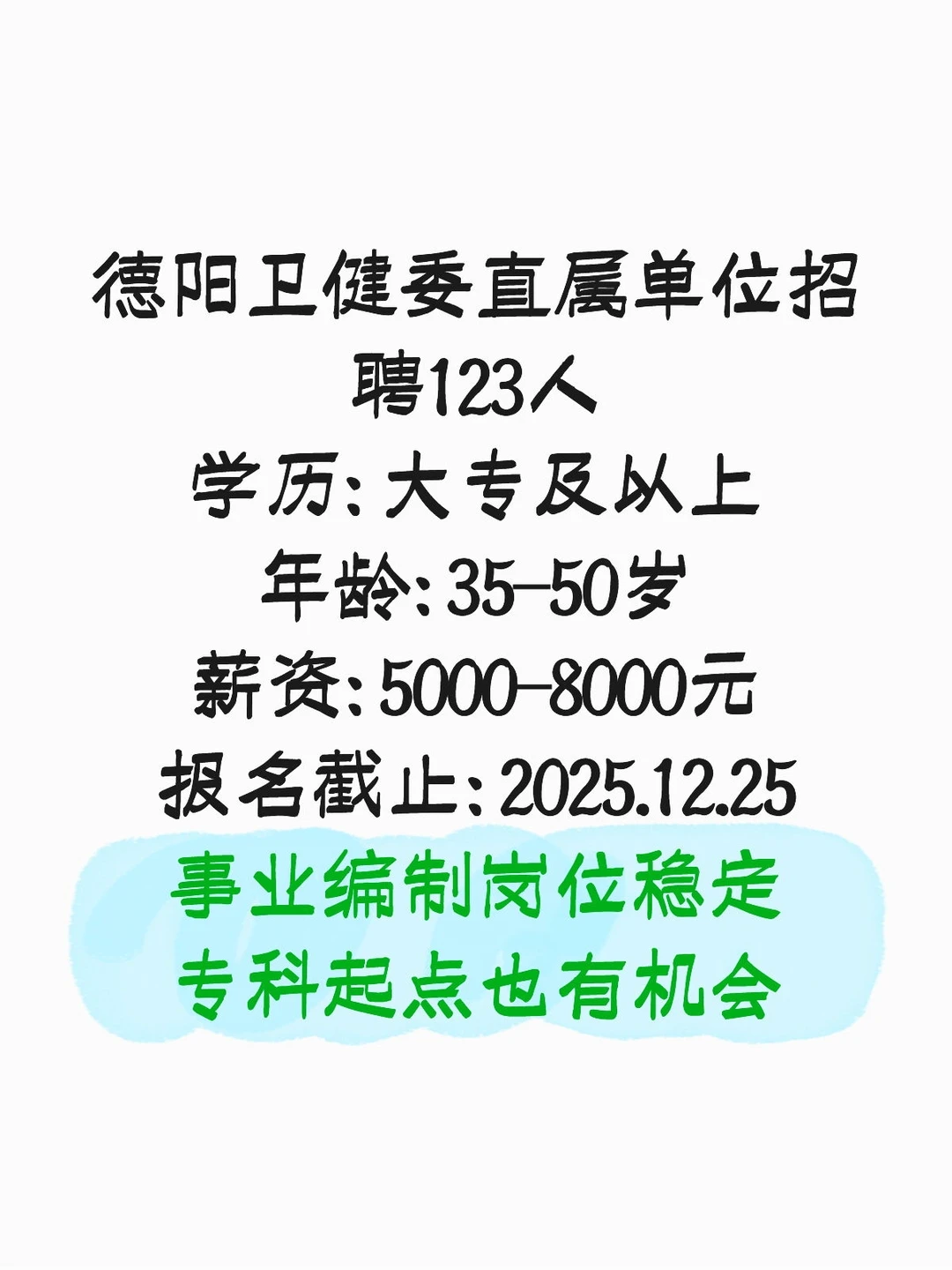 德阳卫健委招123人！事业编！专科可报！