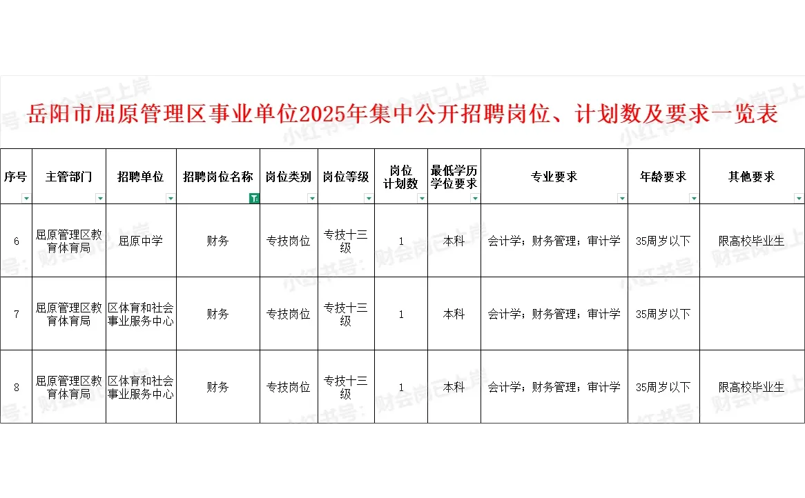 岳阳市屈原管理区2025年招聘财务工作人员