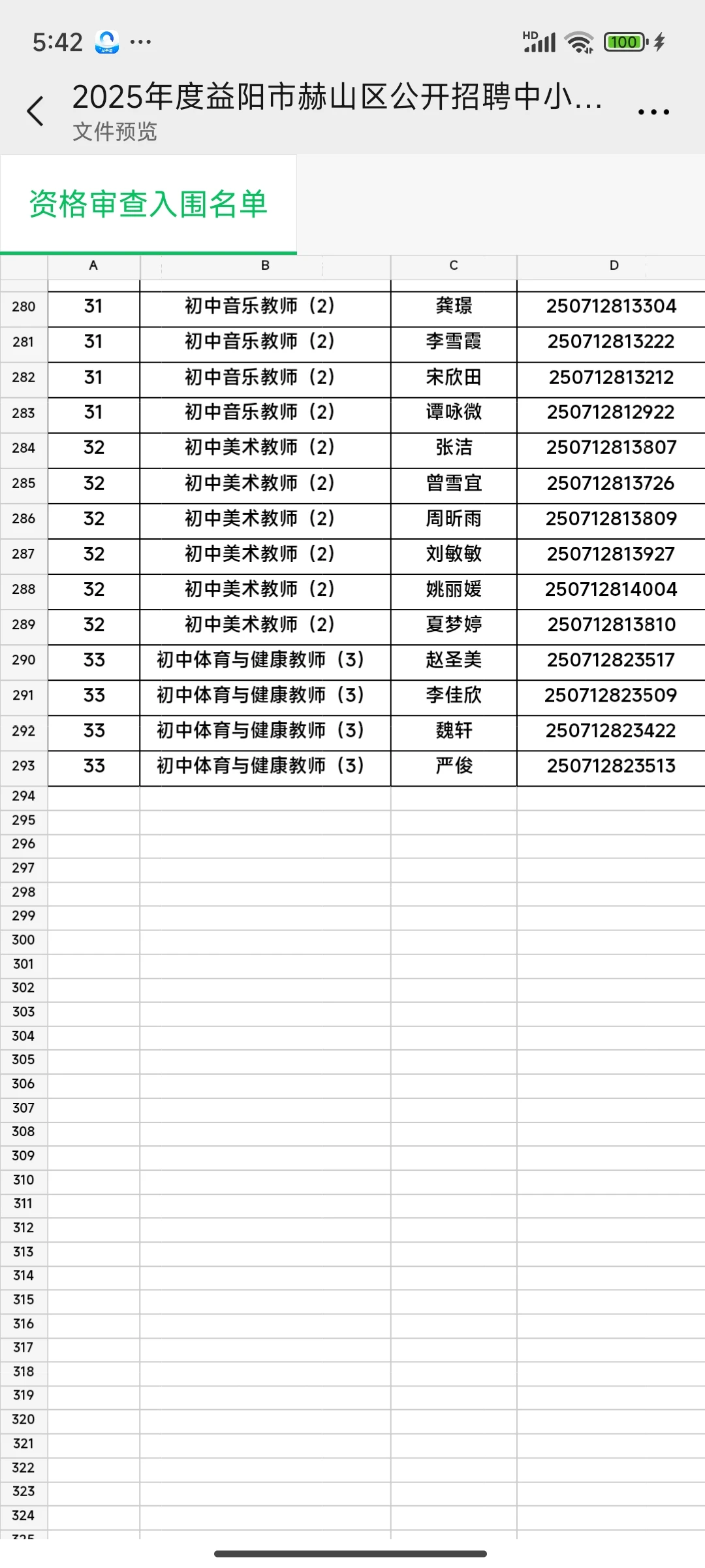 2025益阳市赫山区教师招聘入围名单