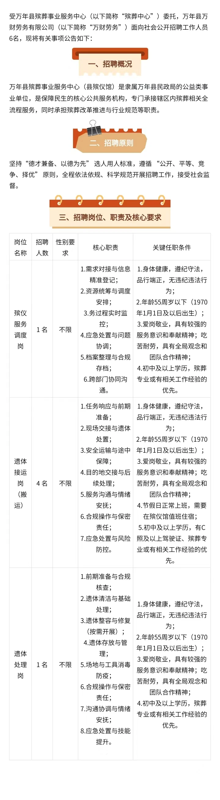万年县殡葬事业服务中心招聘6人