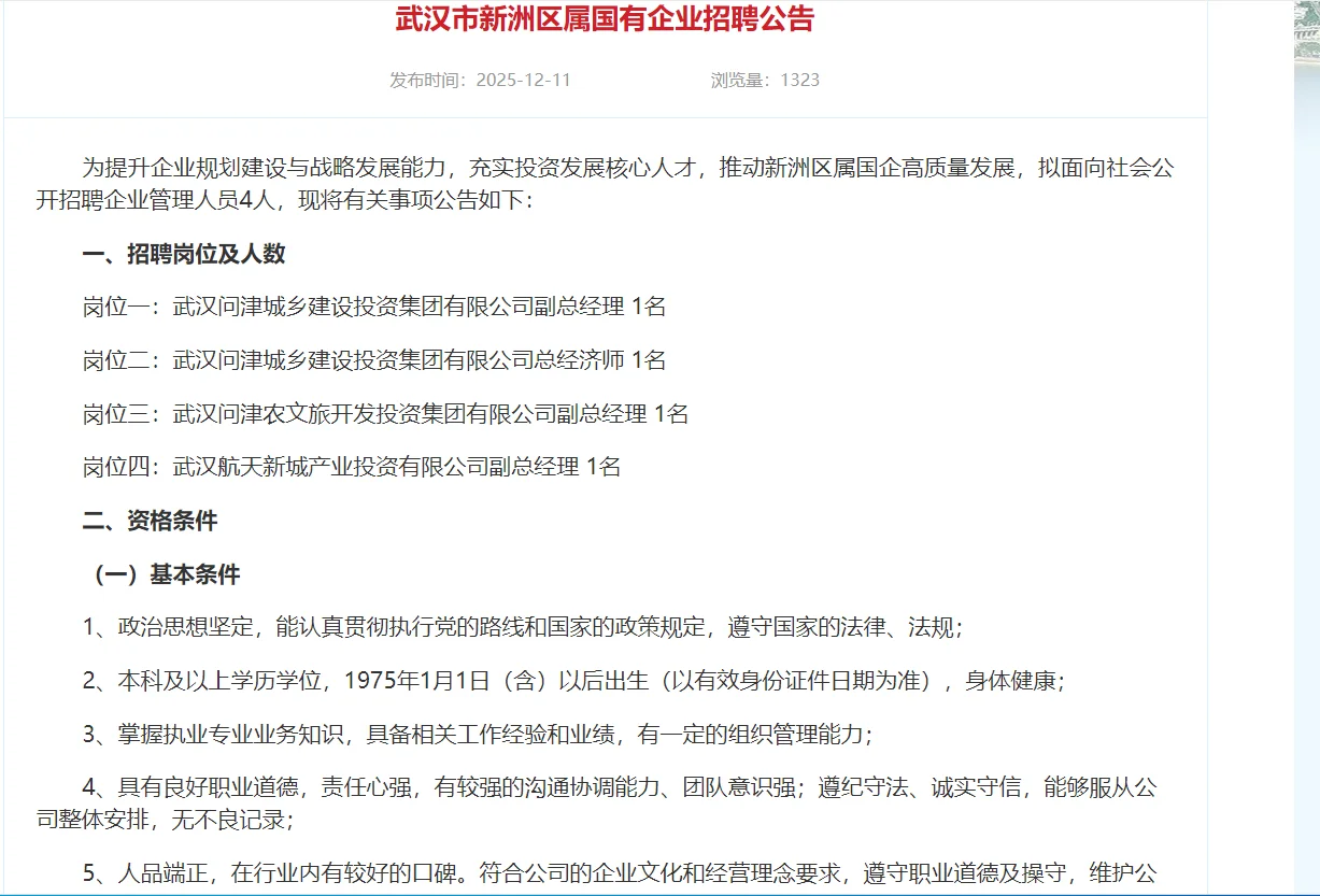 武汉市新洲区属国有企业招聘公告