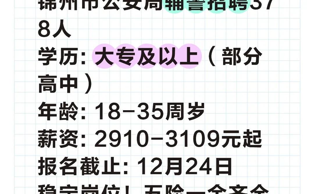 锦州👮‍♂️辅警招378人！