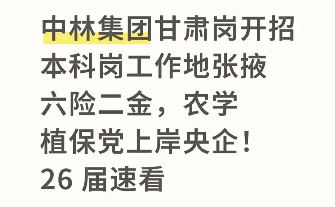 别卷北上广了！中林集团甘肃岗，五险一金 +