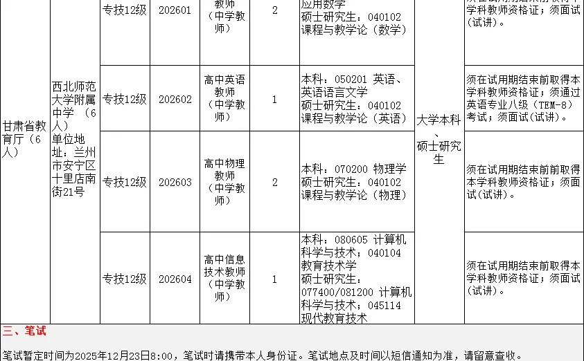 25甘肃兰州市西北师范大学附属中学招聘教师
