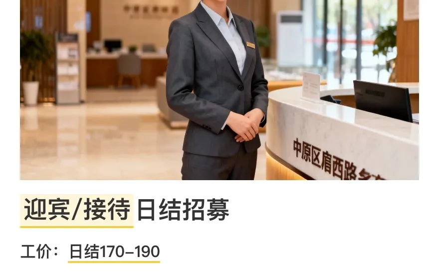 郑州中原区迎宾/接待日结招募