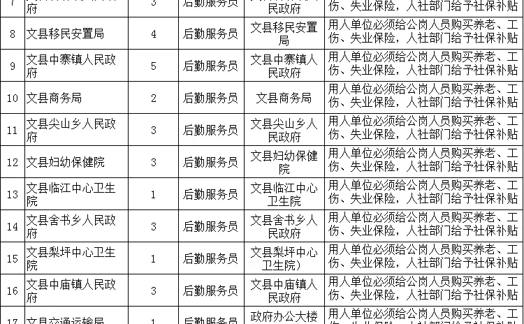 陇南文县公益岗招聘