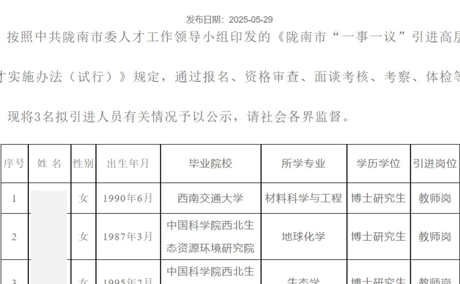 陇南师范学院2025年第一批高层次人才招聘