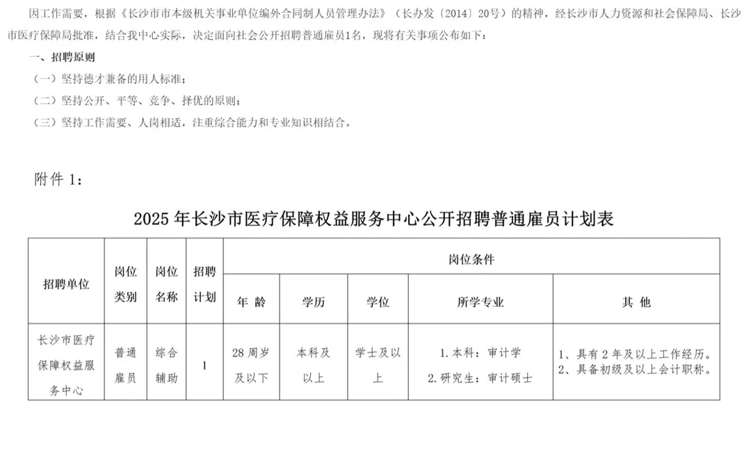 机会！2025长沙市医疗保障权益服务中心招人