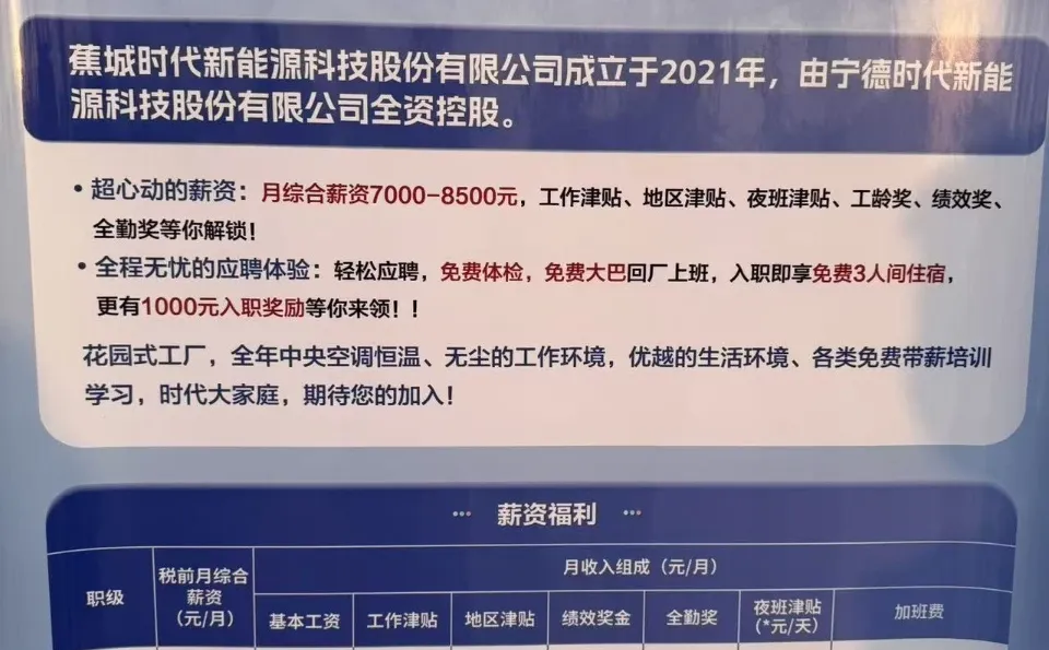 宁德时代大量招人，直接与企业签合同。