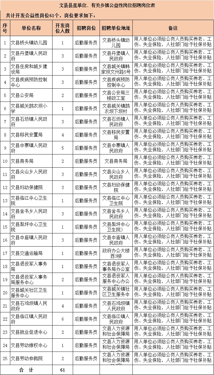 陇南文县公益岗招聘