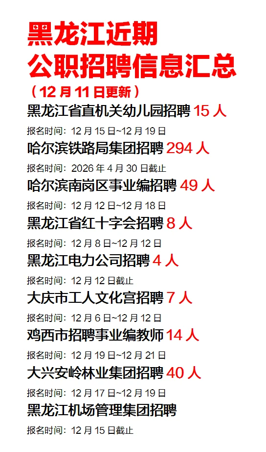 黑龙江公职招聘信息（12月11日更新）