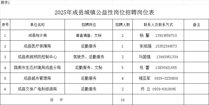 2025年甘肃陇南成县招聘公益16人公告