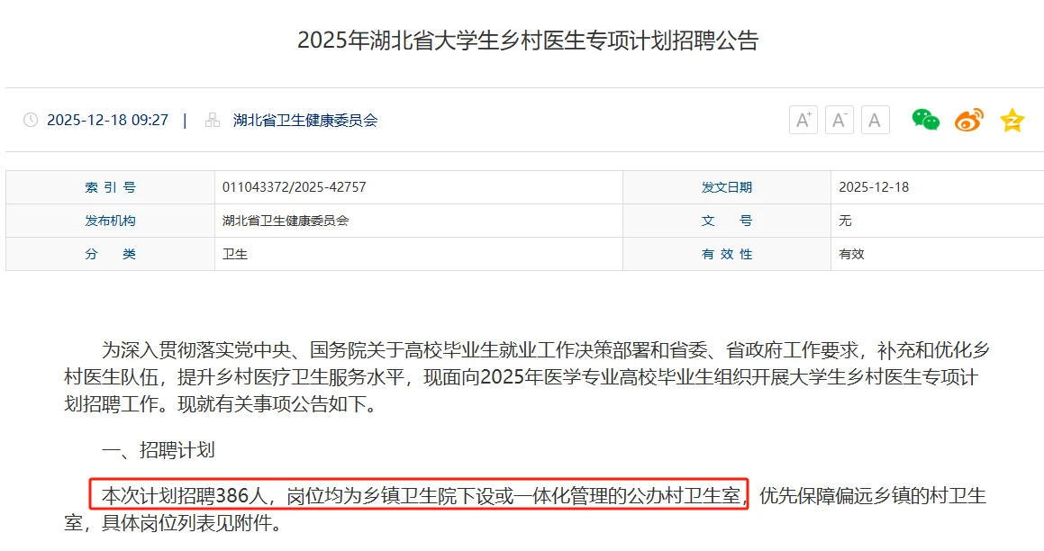 湖北大学生村医招聘386人