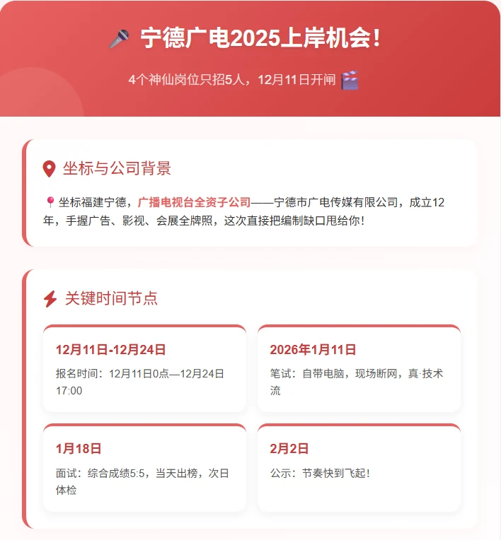 4个神仙岗位只招5人！宁德广电！