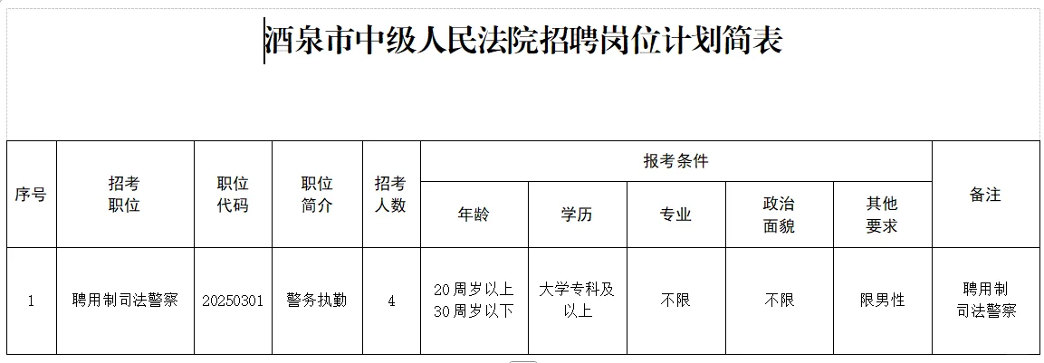 酒泉市中级人民法院招聘