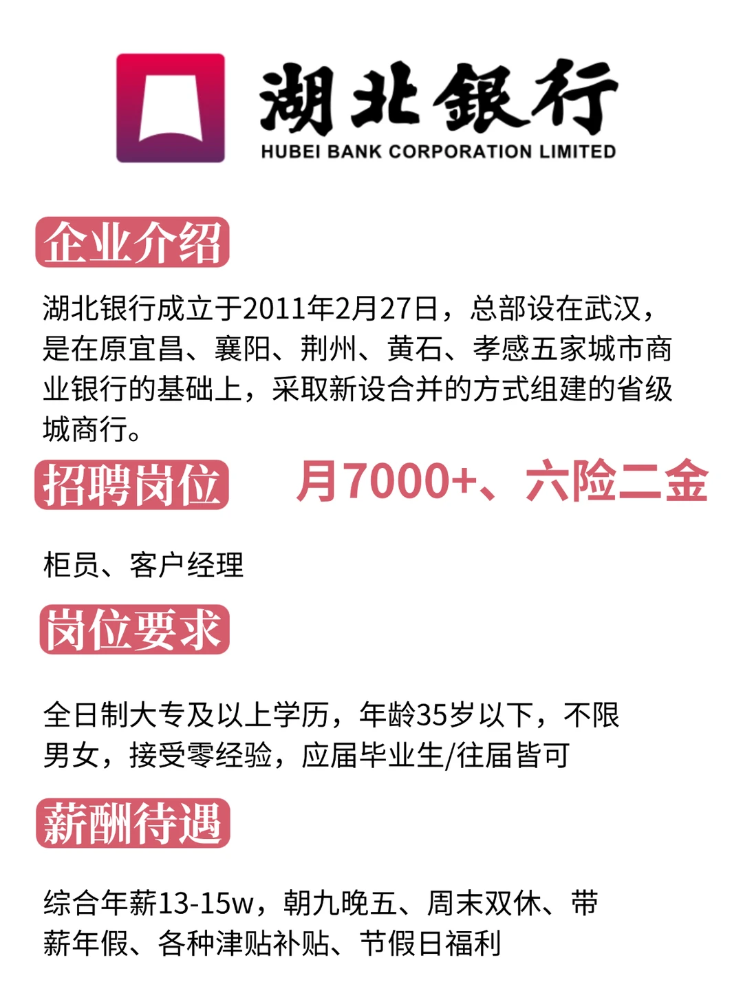 湖北银行捞人啦！速投！