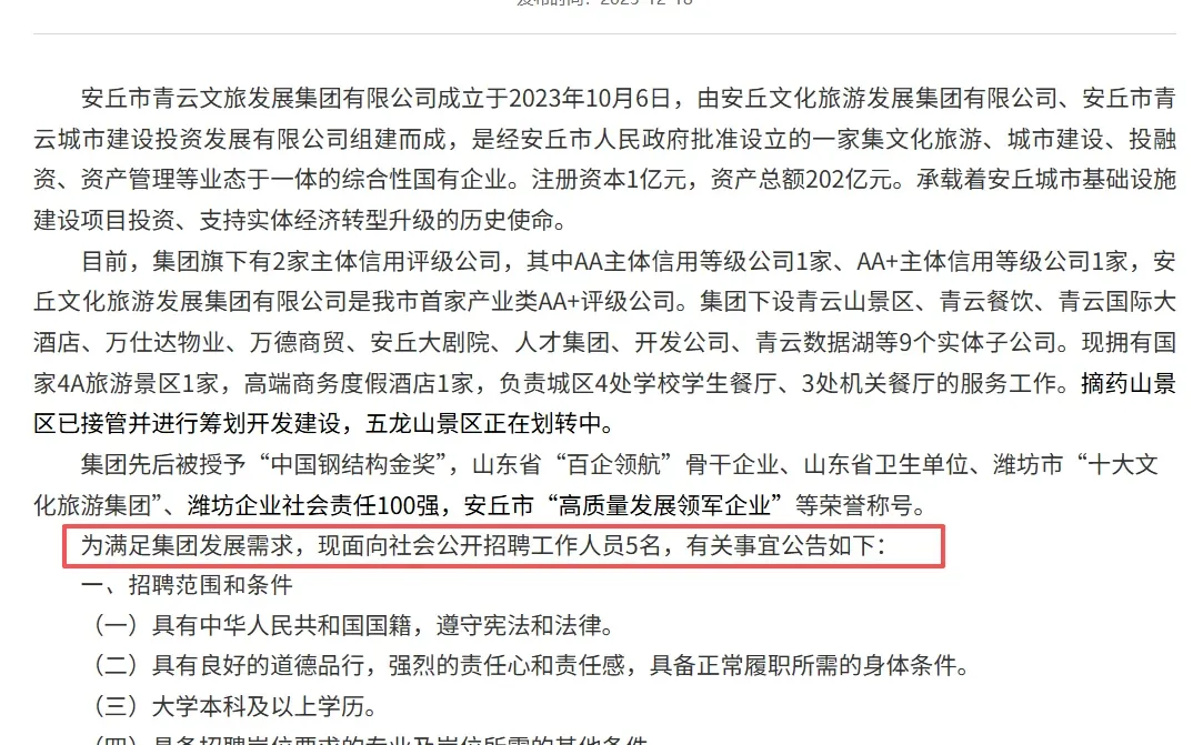 山东一文旅集团招录5人！本科起报！报名中