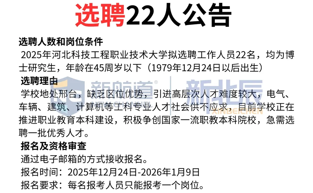 河北科技工程职业技术大学25年选聘22人公告