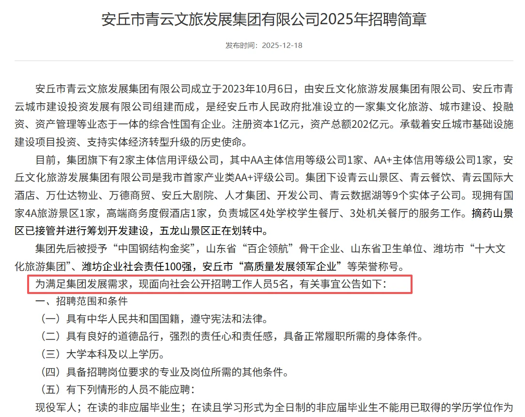 山东一文旅集团招录5人！本科起报！报名中