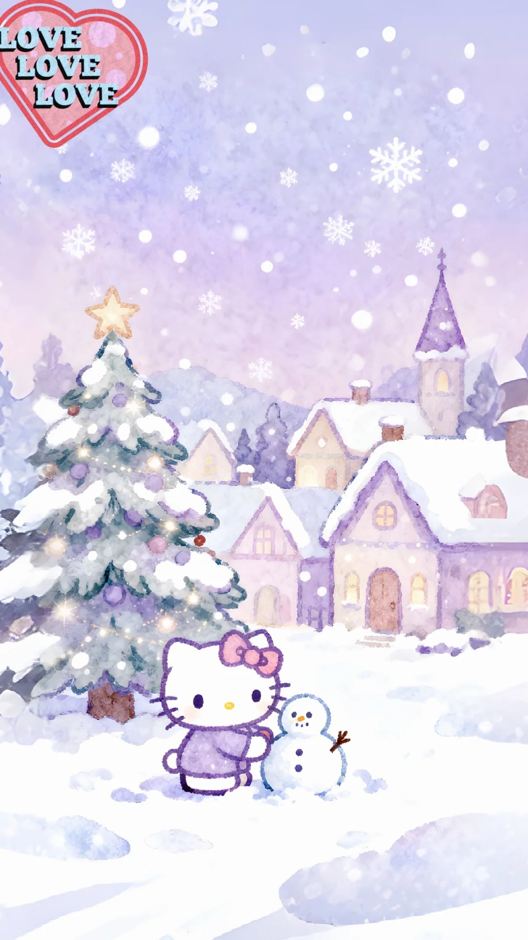 手机壁纸｜HelloKitty🎄雪夜小镇下雪的