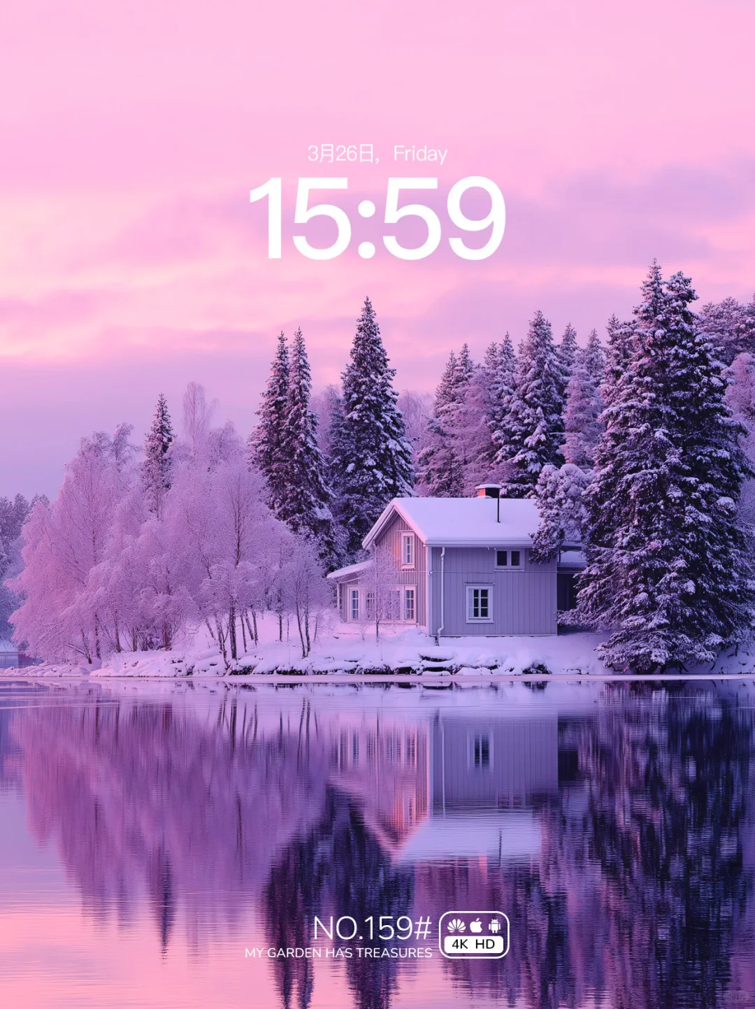 159＃冬日的粉调雪山湖景手机平板电脑壁纸