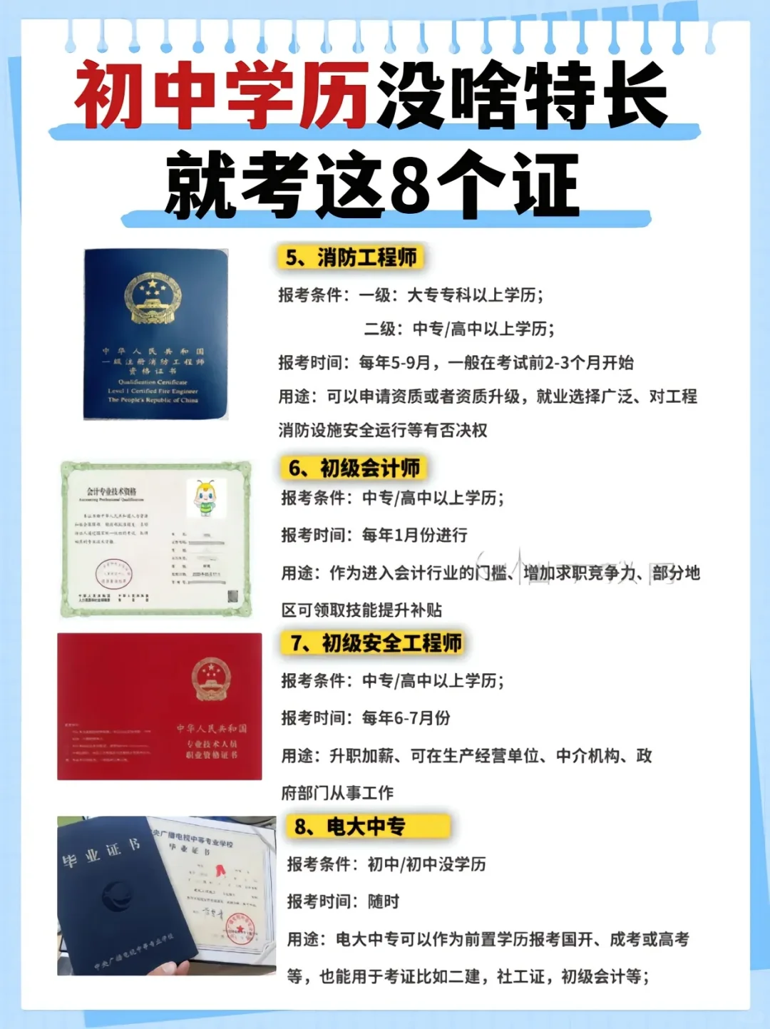 不上大学，初中学历也能拿证！