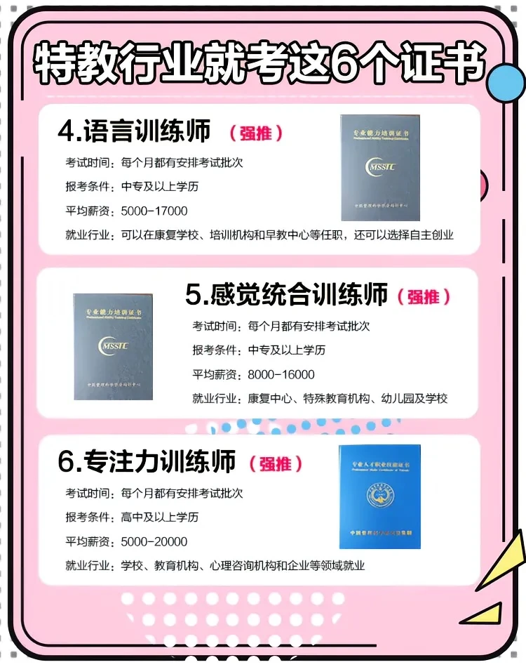 适合特殊教育行业老师六大证！