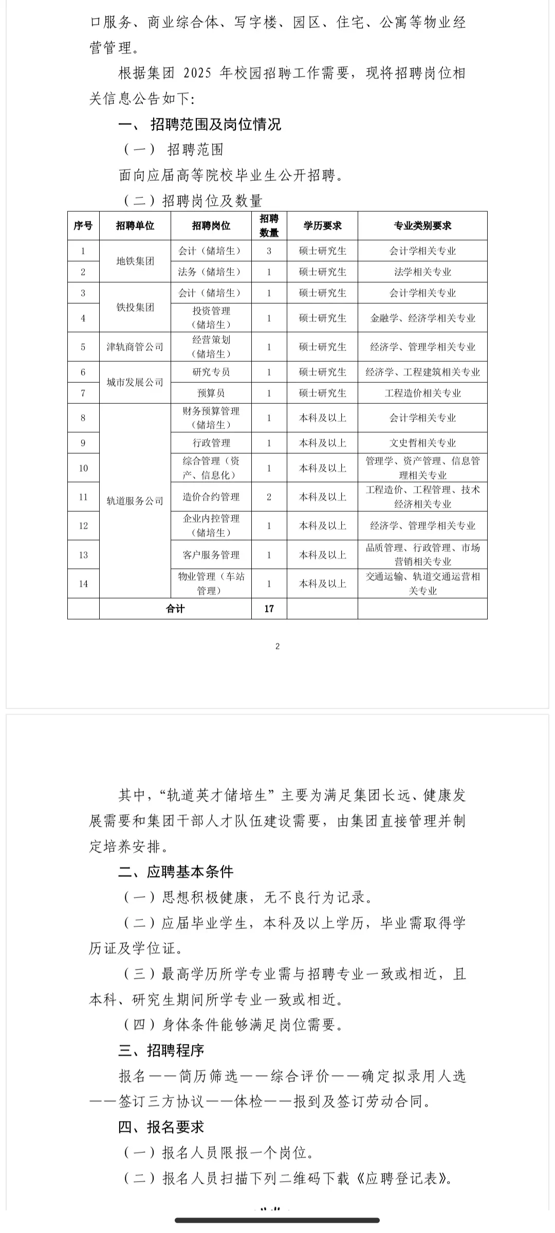 天津轨道交通集团校园招聘