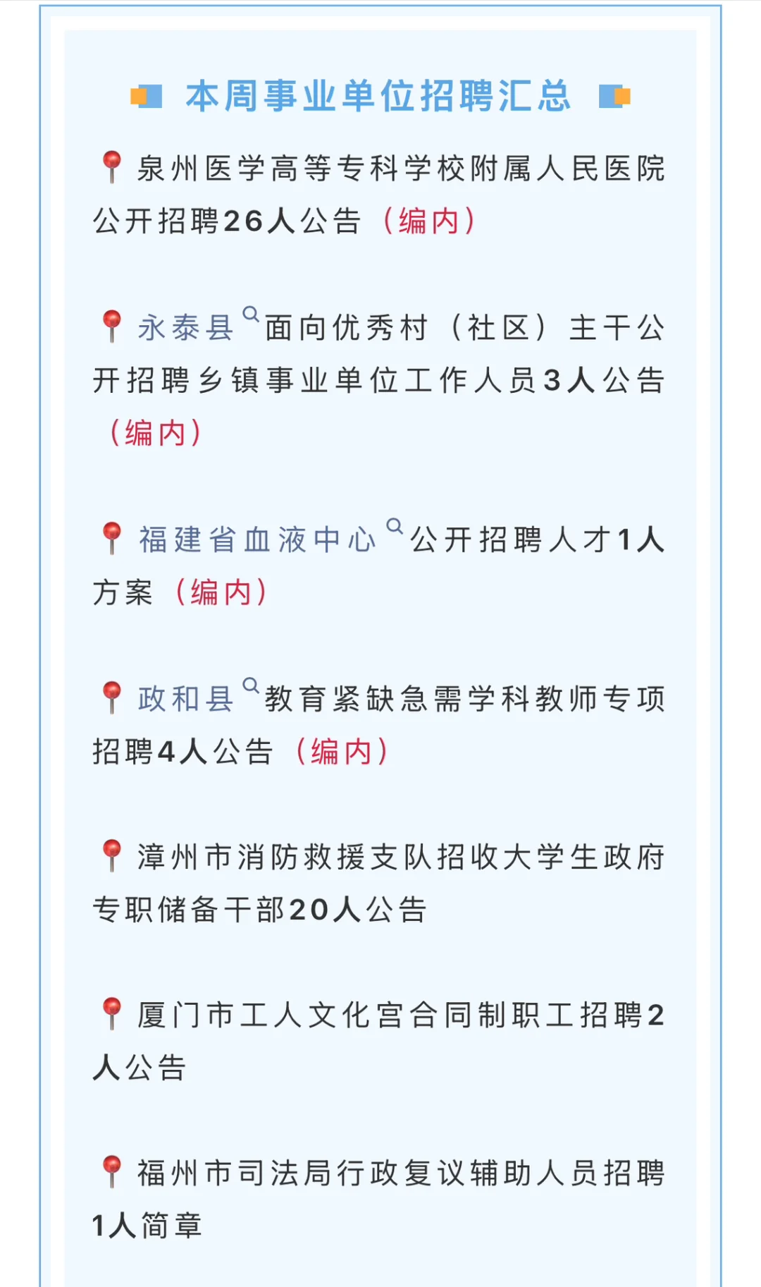 6月第一周福建事业单位招聘公告！有编制岗！