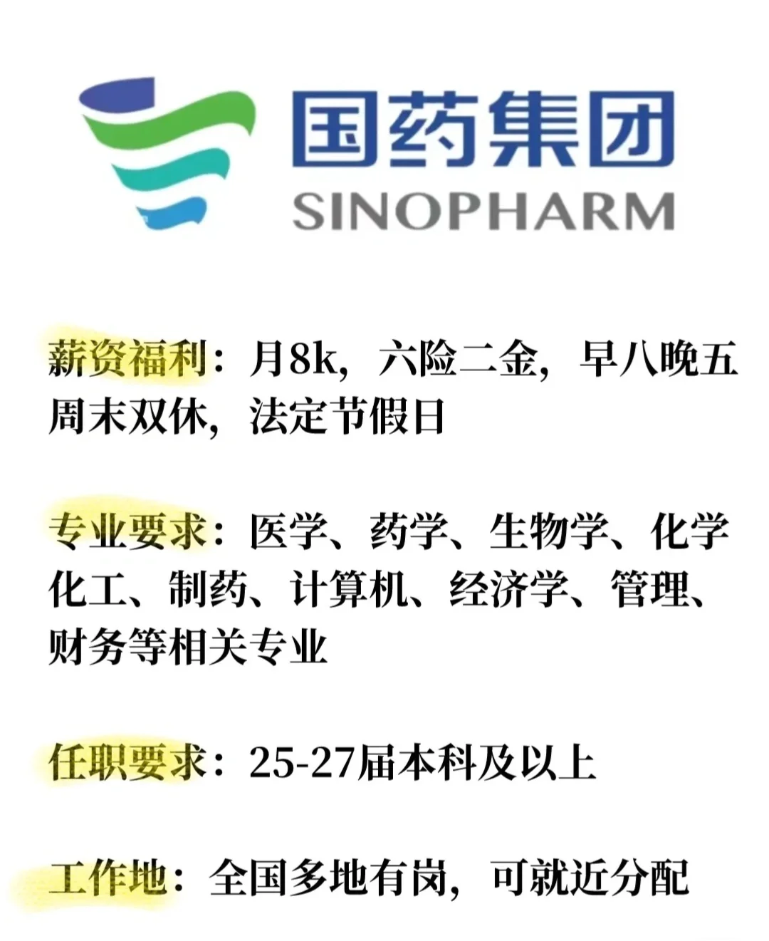 央企中国医药集团校招!!投就中!!!! 国药集