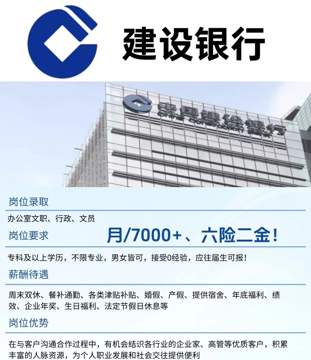 建设银行招人,行政班,周末双休 六险二金