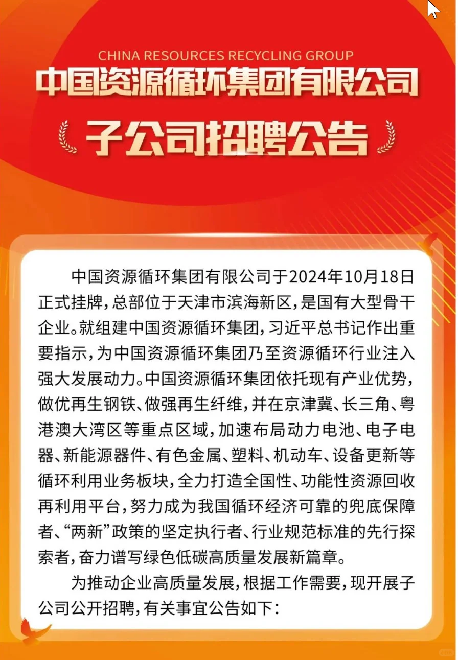 中国资源循环集团有限公司子公司招聘公告