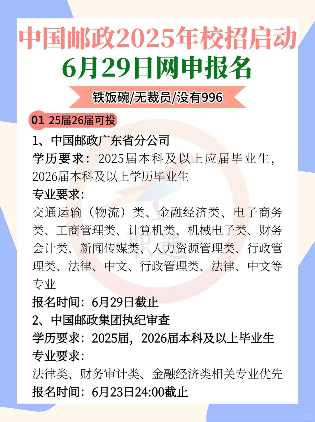 中国邮政2025年校招启动！6月29日网申报名！