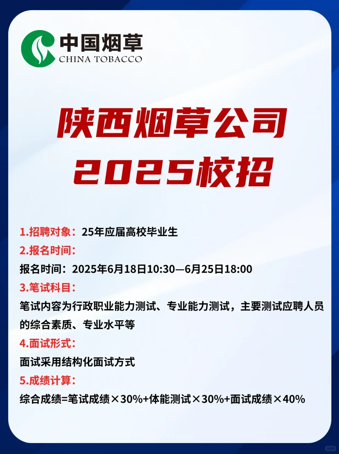 陕西烟草2025招聘即将截止‼️