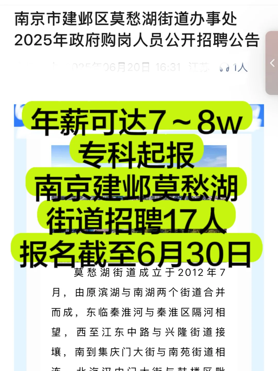 南京市建邺区莫愁湖街道办事处政府购岗人员