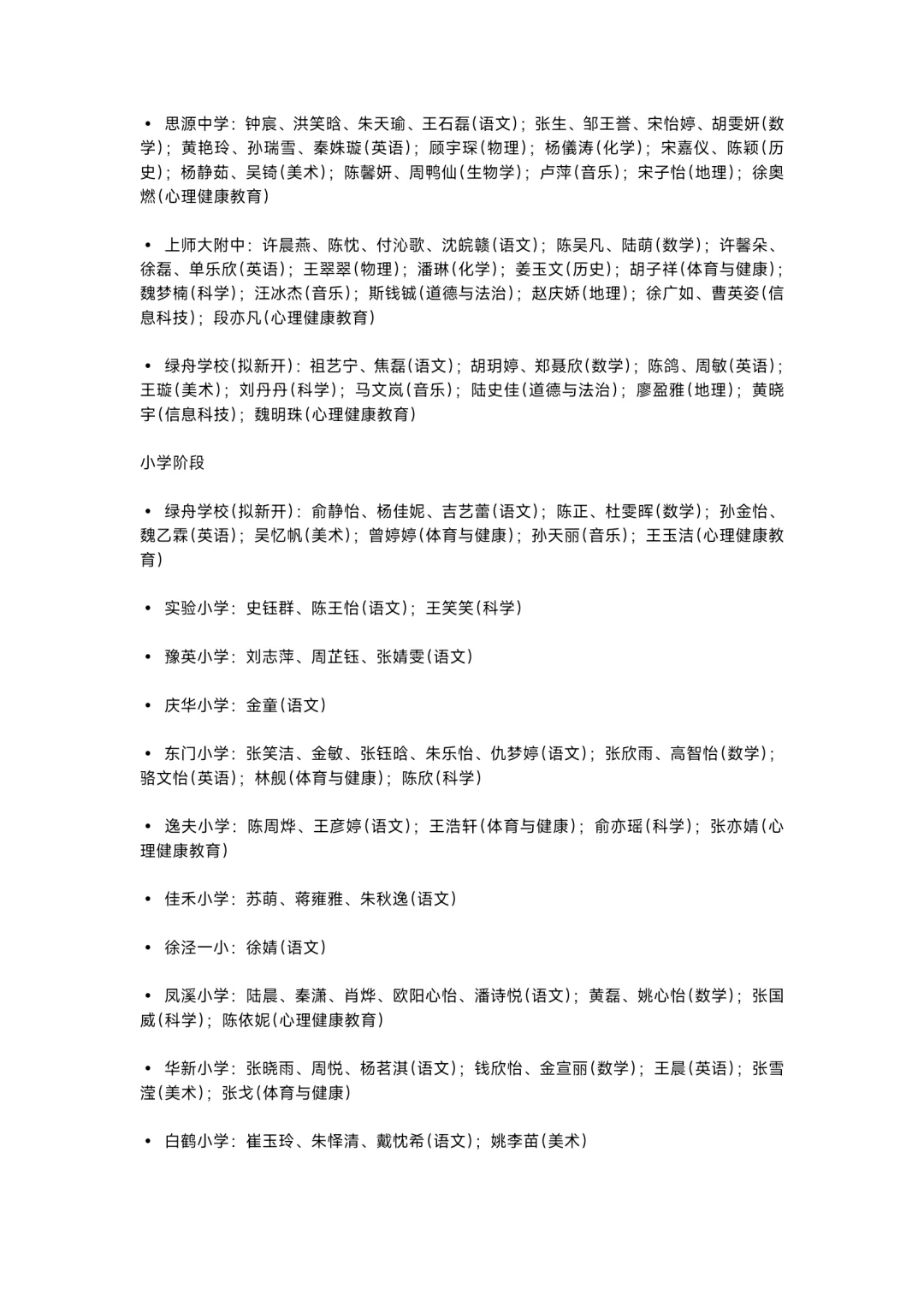 上海青浦区教师招聘第一批名单公示