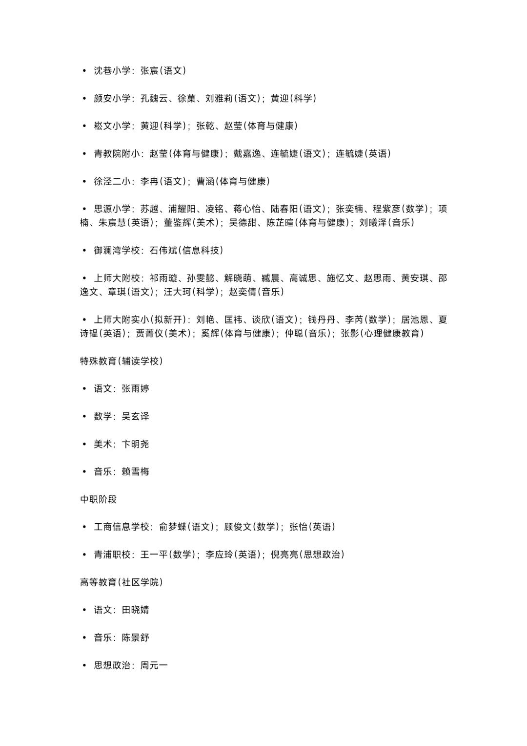 上海青浦区教师招聘第一批名单公示