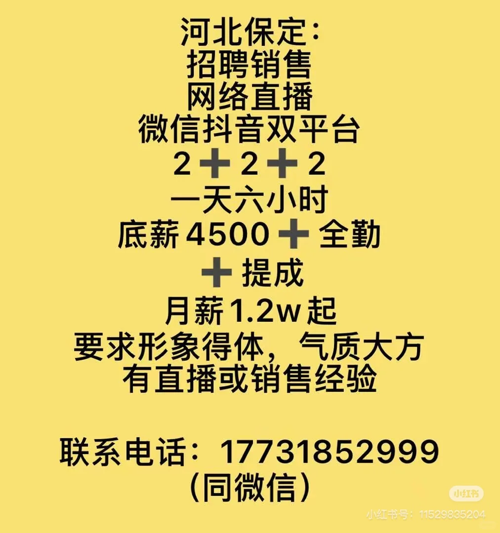 保定招聘一名长期带货主播!