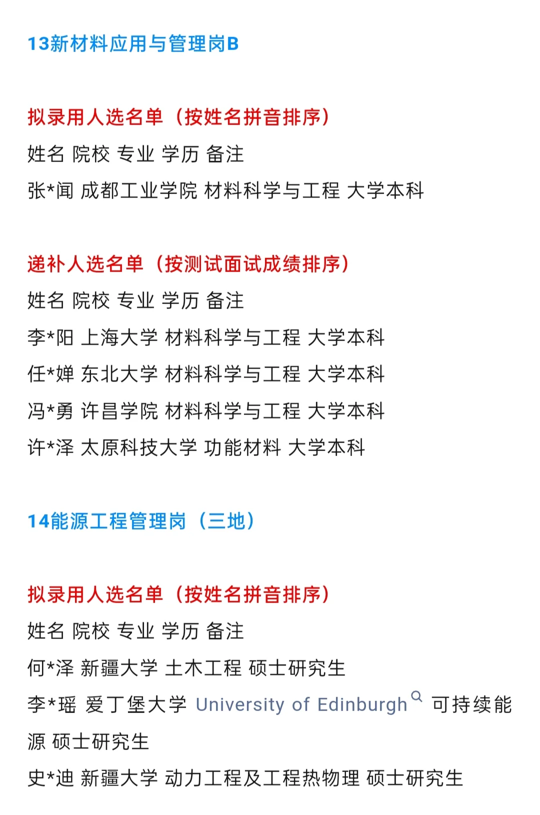 中国石化【河北石油分公司】2025年拟录取名