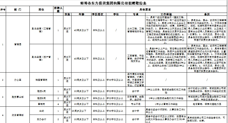 蚌埠市东方投资集团有限 公司公开招聘公告
