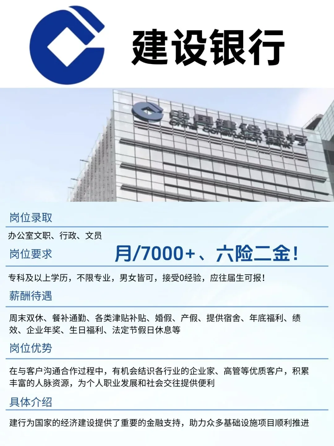 建设银行正招人，周末双休，码住！要求：专