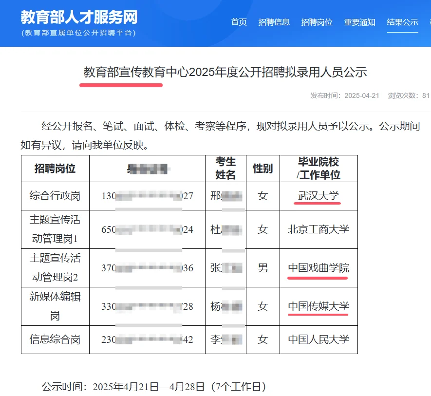 教育部宣传教育中心2025年度拟录用人员公示