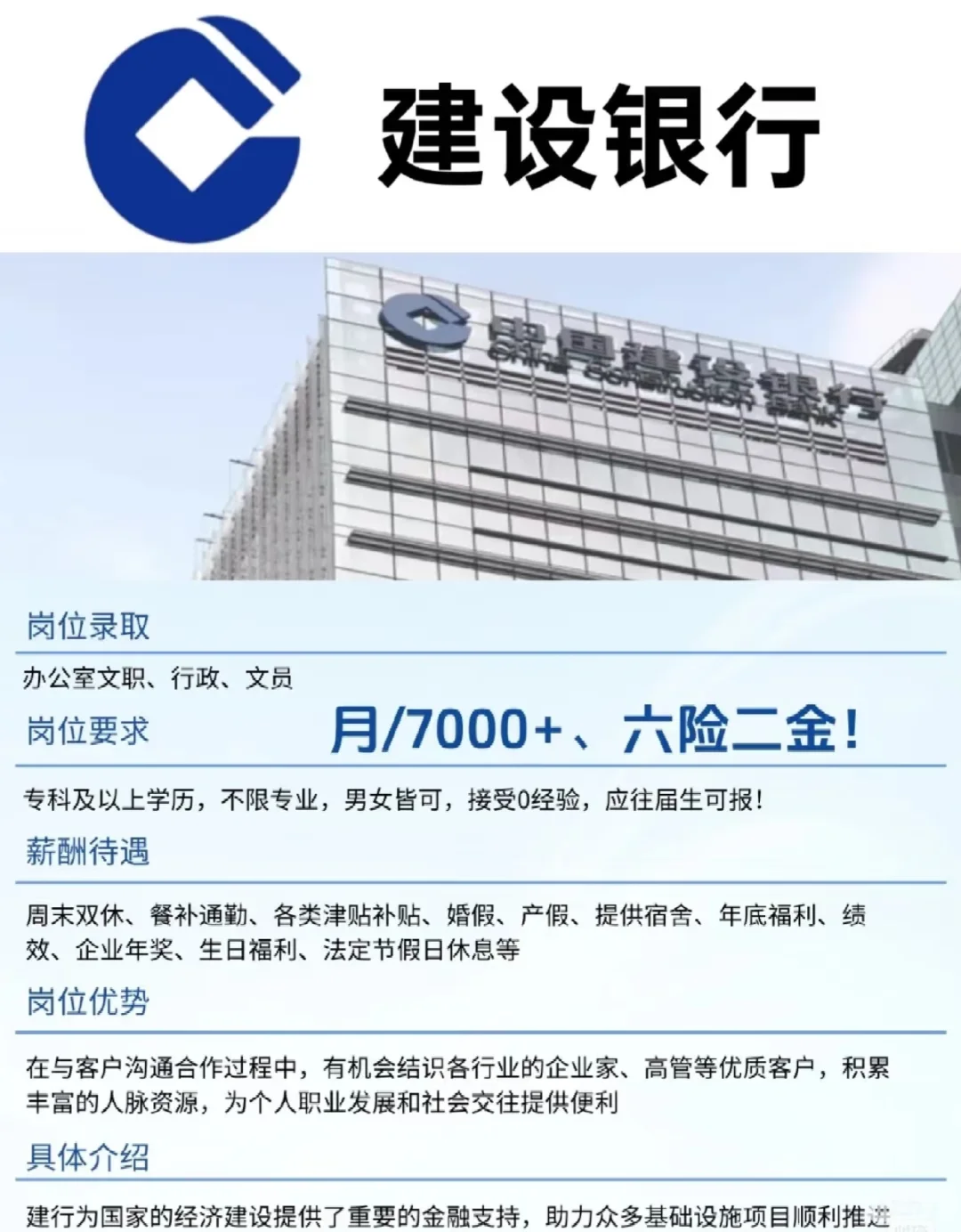 建设银行正招人,周末双休,码住!要求:本