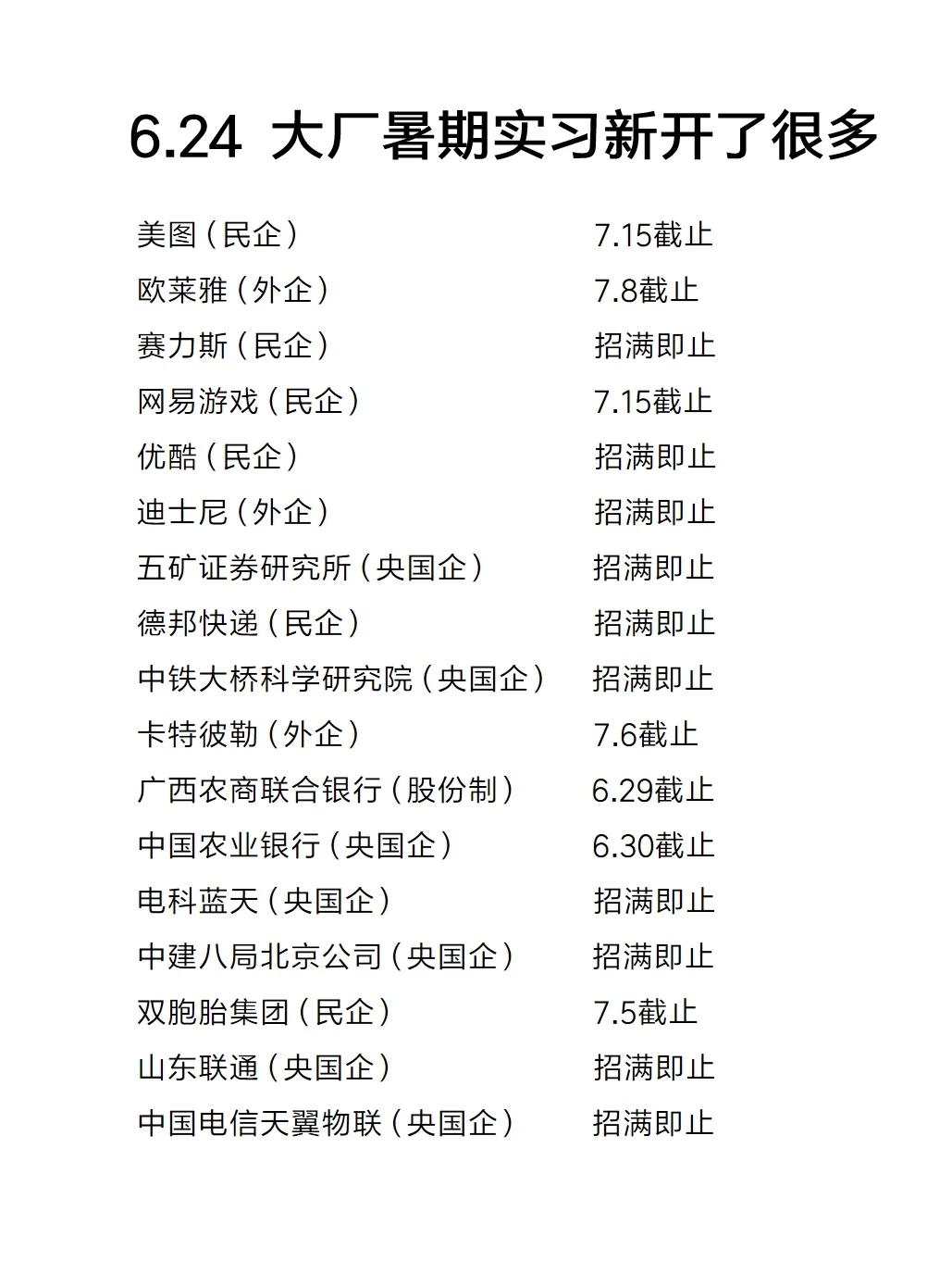 6.24大厂暑期实习新开了很多,免笔试