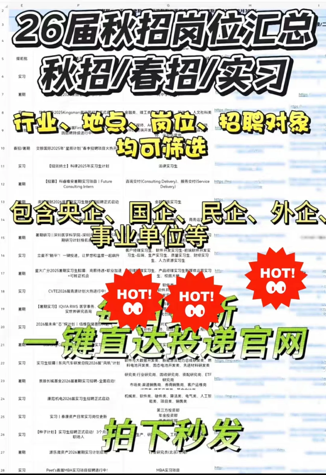 2026秋招提前批信息表|国央企外企岗位汇总
