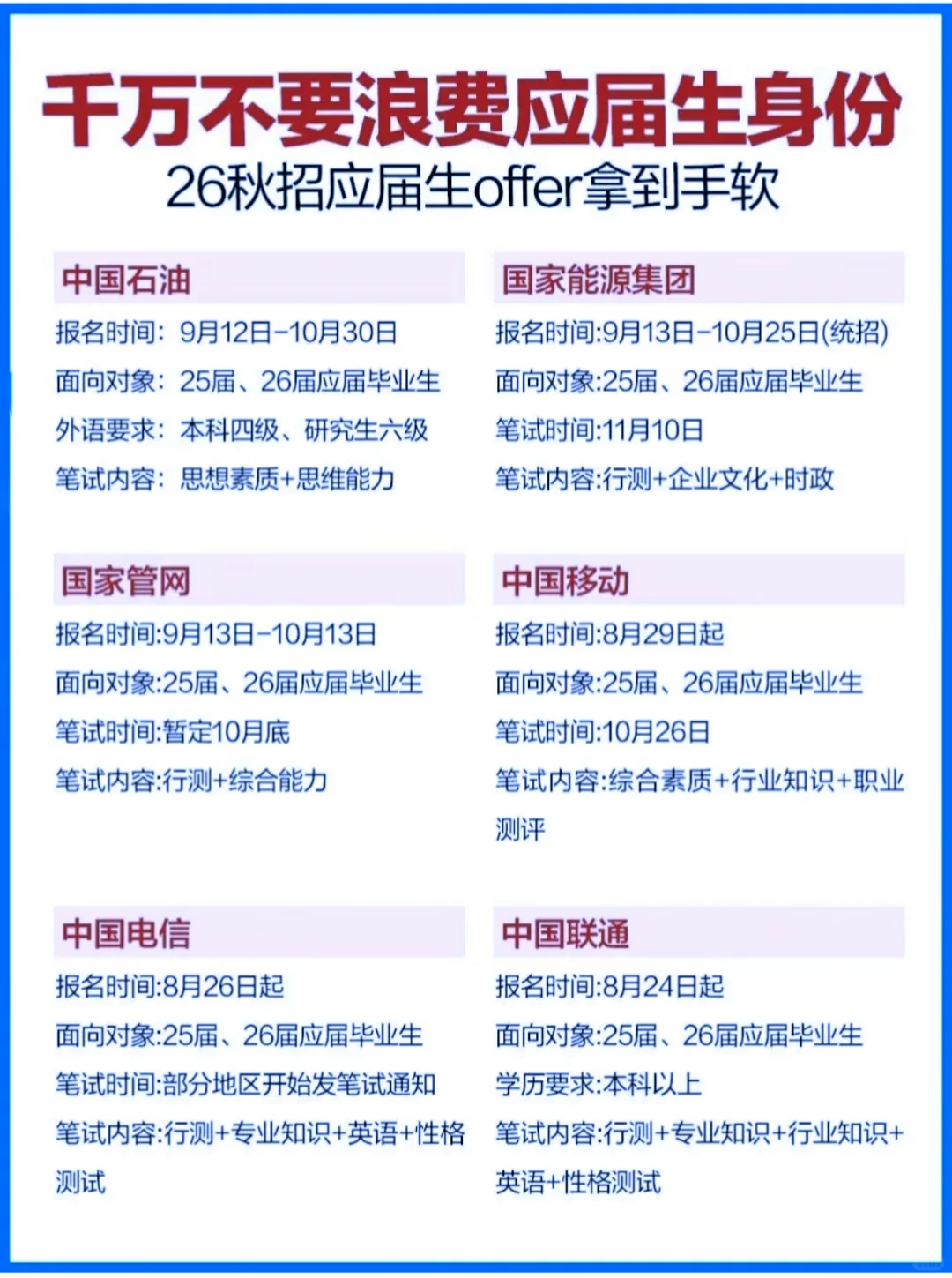 26届央国企秋招时间汇总表